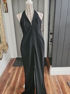 Bebe Black Halter Wide-Leg Jumpsuit with Dramatic Lace Details